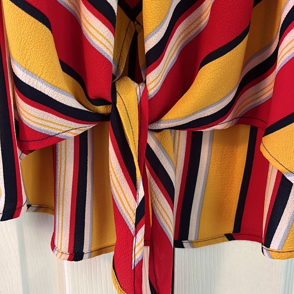 Red, yellow, navy blue tank top with tie bottom and cute button feature on neck. - Picture 3 of 3